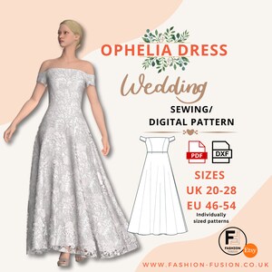 May include: A digital sewing pattern for an off-the-shoulder wedding dress called the Ophelia Dress. The pattern is available in sizes UK 20-28 and EU 46-54. The pattern is available in PDF and DXF formats.  The pattern is for individual sizes.
