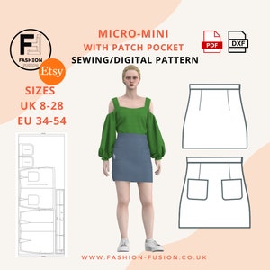 May include: A digital sewing pattern for a micro-mini skirt with a patch pocket. The pattern includes sizes UK 8-28 and EU 34-54. The pattern is available in PDF and DXF formats. The image shows a woman wearing a green top and a blue skirt, along with a line drawing of the skirt.