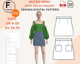 Micro-Mini Skirt with Patch Pockets, Women's Digital DXF & PDF A4 + A0 Sewing Patterns, Uk 8-28 + EU 34-54 Individually sized, + Instruction