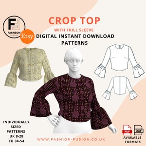 Crop Top with Frill Sleeve, Women&#39;s sewing pattern + instructions, Sizes UK 8-28, EU 34-54, Instant downloadable DXF & Printable Pdf A4 + A0
