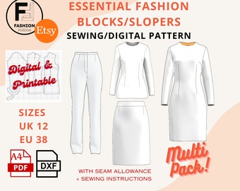 Essential Basic Block/Sloper Package/Size UK 12 EU 38/ Bodice, Dress, Skirt & Trouser Sewing Patterns. Fashion School Essential/DXF + Pdf A4