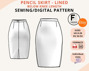 Fitted Women's Pencil Skirt Pattern - Fully Lined - Size UK 8-28 EU 34-54 - Instant PDF A4 + A0 & DXf downloads + instructions + size info