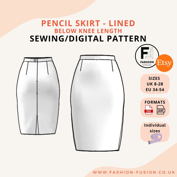 Fitted Women's Pencil Skirt Pattern - Fully Lined - Size UK 8-28