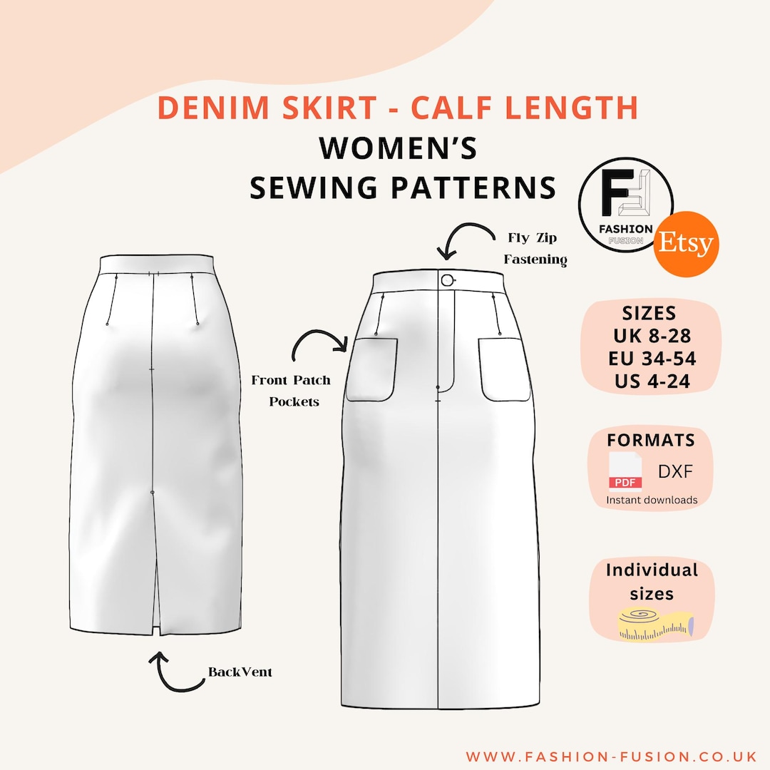 Women's Denim Skirt Sewing Pattern Calf Length, Patch Pockets