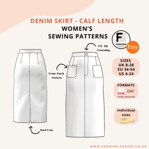 May include: A sewing pattern for a calf-length denim skirt with a fly zip fastening, front patch pockets, and a back vent. The pattern includes sizes UK 8-28, EU 34-54, and US 4-24. The formats available are PDF and DXF, and the pattern is available in individual sizes.