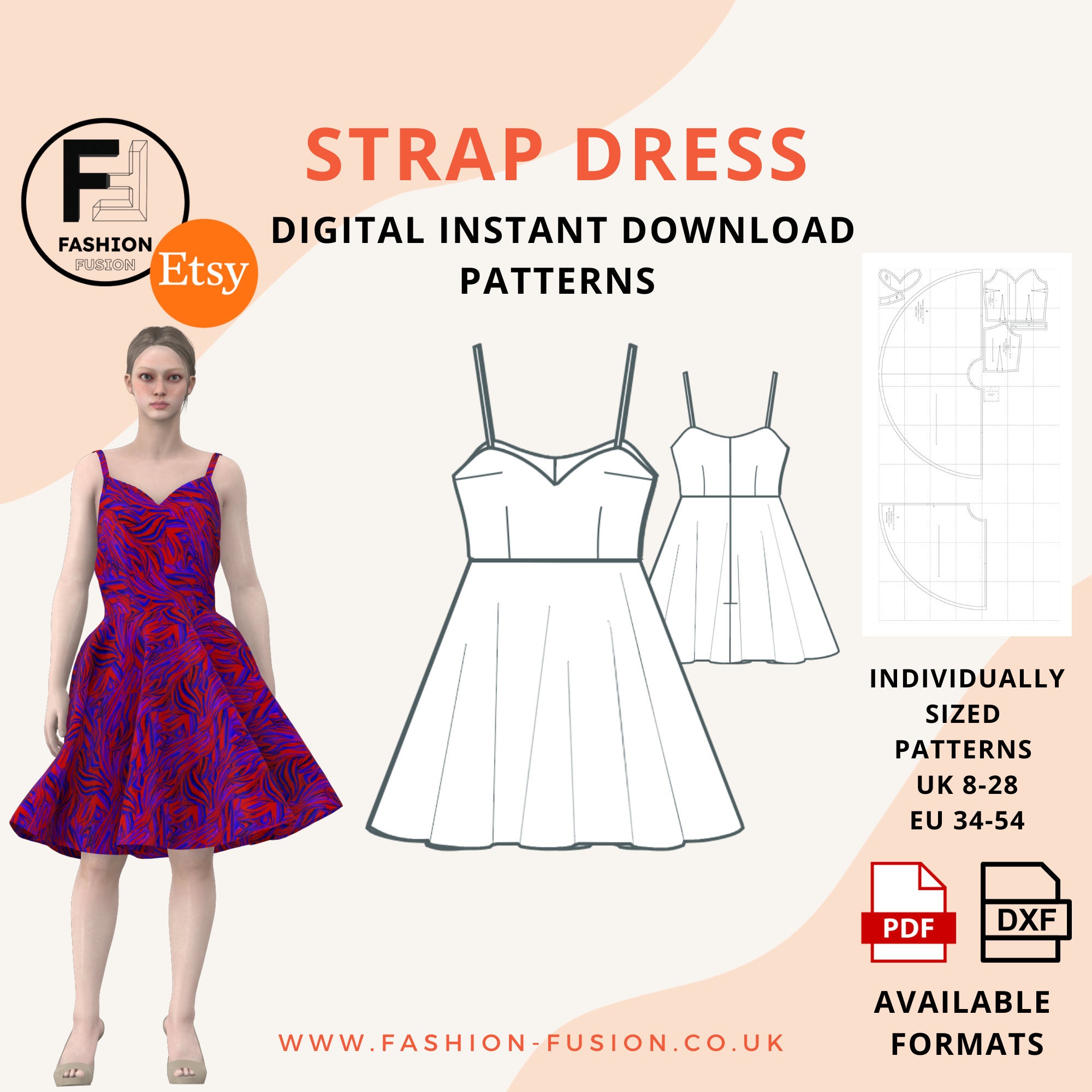 洋書 Women's Dress Patterns 1 Strap Knee Length Dress Pattern | Pdf A4+A0 & DXF | Sizes UK