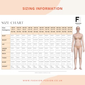 Puede incluir: Tabla de tallas para ropa con medidas en pulgadas y cent&iacute;metros. La tabla incluye medidas de busto, cintura, cadera, debajo del busto, cuello, muslo, b&iacute;ceps y altura. La tabla est&aacute; etiquetada con tallas del Reino Unido y de los Estados Unidos, as&iacute; como tallas de la UE.