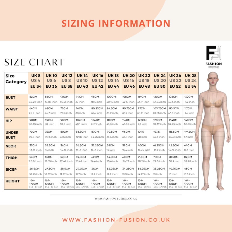 Puede incluir: Tabla de tallas para ropa con medidas en pulgadas y cent&iacute;metros. La tabla incluye medidas de busto, cintura, cadera, debajo del busto, cuello, muslo, b&iacute;ceps y altura. La tabla est&aacute; etiquetada con tallas del Reino Unido y de los Estados Unidos, as&iacute; como tallas de la UE.