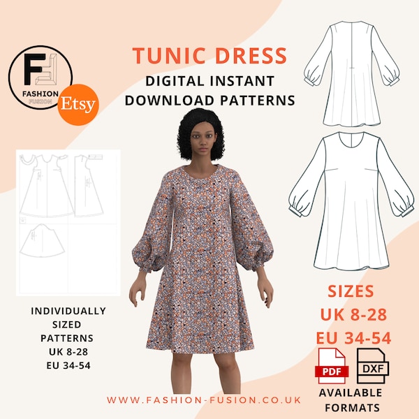 Tunic Dress with Bishop Sleeve | Back Zip Fastening | Sizes UK 8-28 / EU 34-54/ PDF + Dxf Instant Pattern Downloads upon ordering