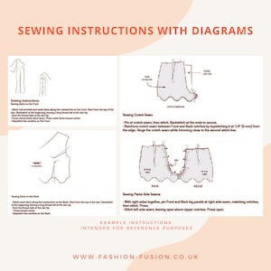 Puede incluir: Instrucciones de costura con diagramas para una prenda de vestir. Los diagramas muestran c&oacute;mo coser pinzas en la parte delantera y trasera de la prenda, c&oacute;mo coser la costura del tiro y c&oacute;mo coser las costuras laterales. El texto incluye instrucciones para cada paso.