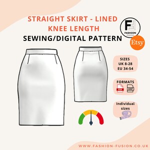 May include: A digital sewing pattern for a straight, lined knee-length skirt. The pattern is available in sizes UK 8-28 and EU 34-54. The pattern comes in PDF and DXF formats. The image shows a line drawing of the skirt.