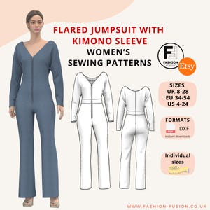 Flared V Neck Jumpsuit Sewing Pattern with Zip Front - Instant Digital Download (PDF & DXF) Individually Sized for UK, Eu and Us
