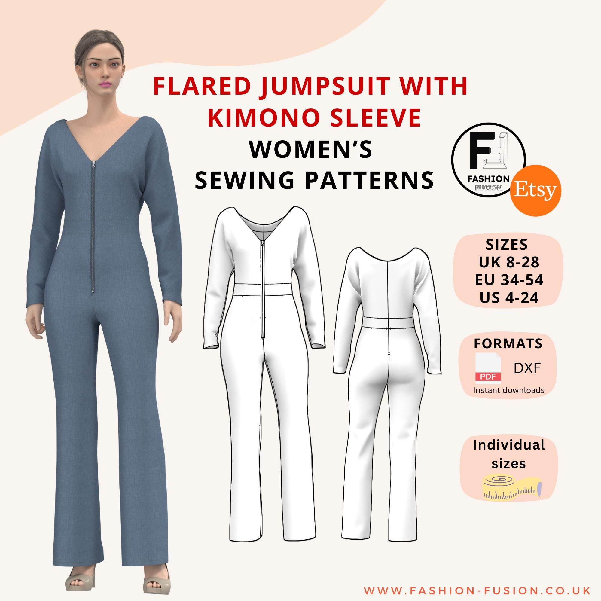 フロントジップ付きフレア V ネック ジャンプスーツの縫製パターン