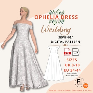 Könnte beinhalten: Ein digitales Schnittmuster für ein Hochzeitskleid namens Ophelia Dress. Das Schnittmuster ist in den Größen UK 8-18 und EU 34-44 erhältlich. Das Schnittmuster ist in den Formaten PDF und DXF verfügbar.