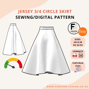 Jersey 3/4 Circle Skirt - Below Knee - Women&#39;s Size UK 8-28 EU 34-54 - Instant PDF A4 + A0 & DXf downloads + sewing instructions + size info