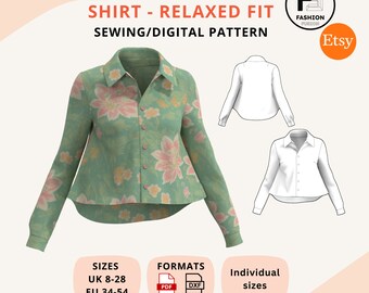 Shirt Sewing Pattern - Relax Fit Women&#39;s size UK 8-28 EU 34-54, PDF A4 & A0 + DXf instant downloads - clear instructions - individual sizes