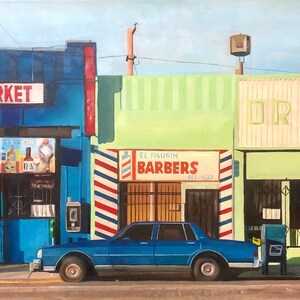 Handmade Landscape Oil Painting - Vintage Retro Car in LA Street