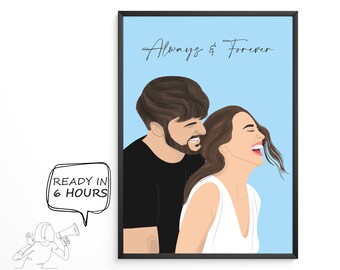 Custom couple portrait, Couple drawing, Couple painting, Faceless portrait print, Engagement portrait print , Engagement photo painting gift