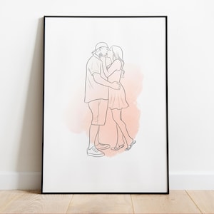 Retrato de pareja con arte lineal personalizado, dibujo minimalista personalizado, regalo para novio o novia, impresión moderna de pareja con acuarela