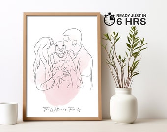 Custom one line drawing, family cartoon painting from photo, personalized couple portrait drawing, faceless portrait illustration gift