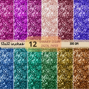 Puede incluir: Una colección de 12 papeles digitales con un efecto de lentejuelas brillantes. Cada papel mide 30,5 x 30,5 cm y presenta un color diferente, incluyendo morado, rosa, rojo, azul y dorado. Los papeles son de 300 DPI.
