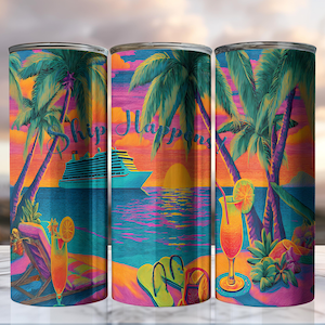Ship Happens! Cruise Seamless Skinny Tumbler Wrap Design - Vacation Vibes, Tropical Beach, 300 DPI PNG for Sublimation, Summer Getaway