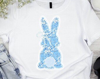 Easter Bunny PNG | Shirt Design | Blue Chinoiserie Floral Style | Women | Sublimation DTF T-Shirt Print