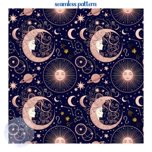 Puede incluir: Patrón sin costuras con elementos celestiales en oro rosa sobre fondo azul marino. El diseño incluye soles, lunas con rostros femeninos, planetas, estrellas y constelaciones. El texto "seamless pattern" está en la parte superior.