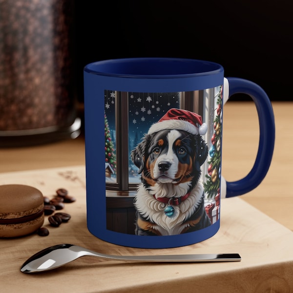 Wunderschöne Akzent-Kaffeetasse mit einzigartigem weihnachtlichen Hundemotiv, Beautiful accent coffee mug with a unique Christmas dog motif