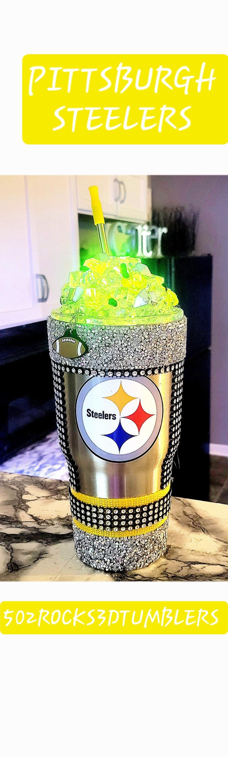 Pittsburgh Steelers Tumbler: Crushed Ice, LED Light, Bling Trim image 1
