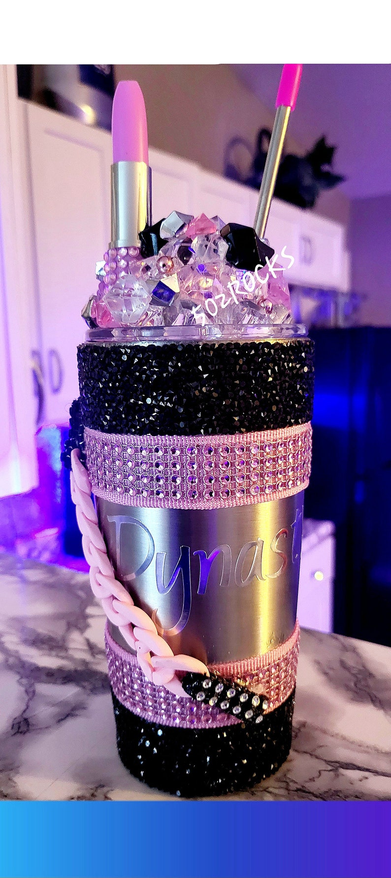 Pink Party 3D Lipstick Tumbler With Chain & Colorchanging LED Light. Perfect Ladies Night