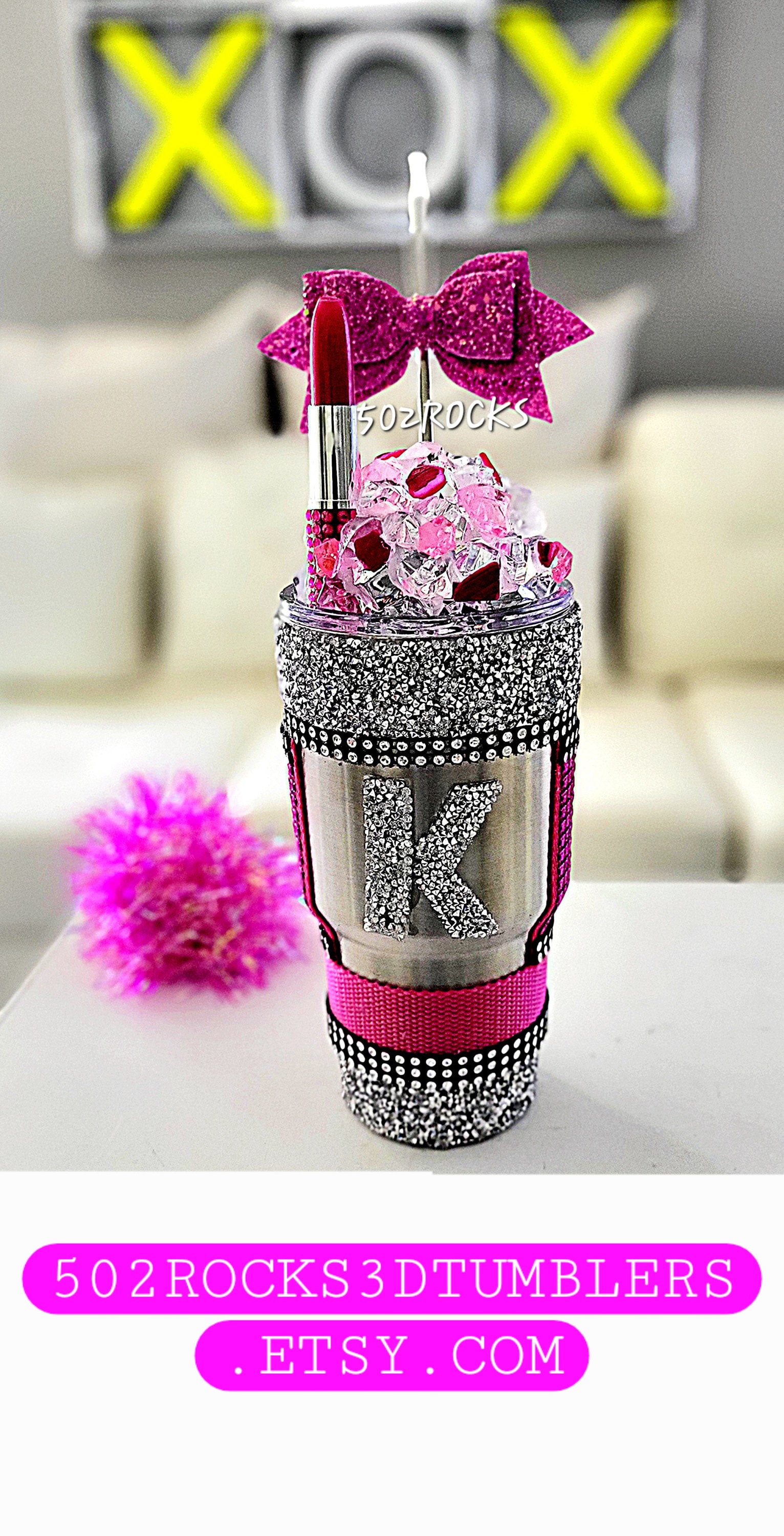 3D Hot Pink Initial  Lipstick Tumbler, Stainless Steel & Stunning! Add your letter in Crushed Ice!