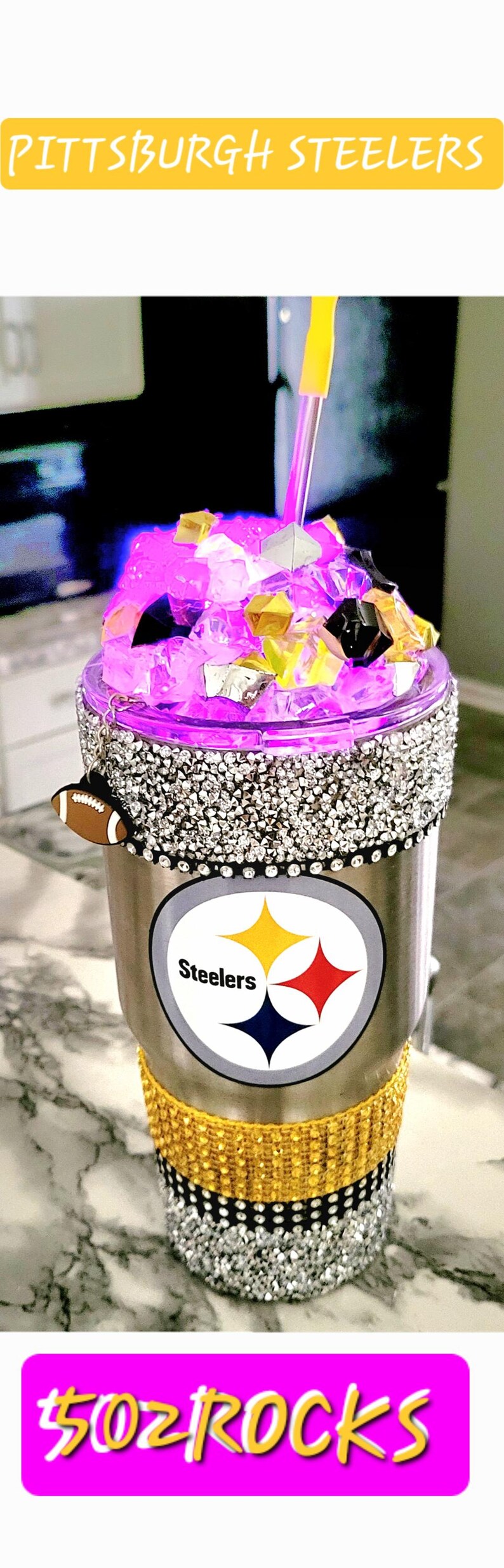 Pittsburgh Steelers Tumbler: Crushed Ice, LED Light, Bling Trim image 3