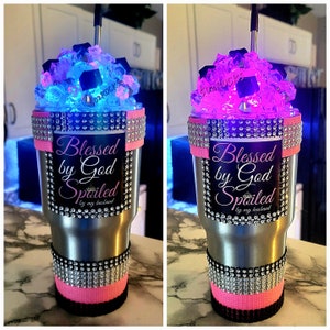 Blessed By GOD Tumbler includes Ice Topper, Color Changing LED Light & Bling Trim. Stainless Steel, Keeps Drinks Hot or Cold for Hours!