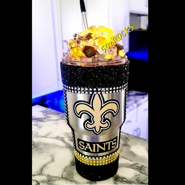 NEW Orleans Saints Black Crushed Ice Bling Wrap,Stainless Steel, Custom NFL Tumbler, Faux Ice, Color Changing LED Light, Perfect Gift