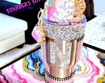 3D Custom Initial, Pink Rhinestone Stiletto Tumbler, Color Changing LED, Purse Charm Drink Cup