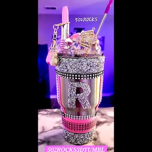 30oz 3D Custom Initial, Pink Rhinestone Stiletto Tumbler, Color Changing LED, Purse Charm,