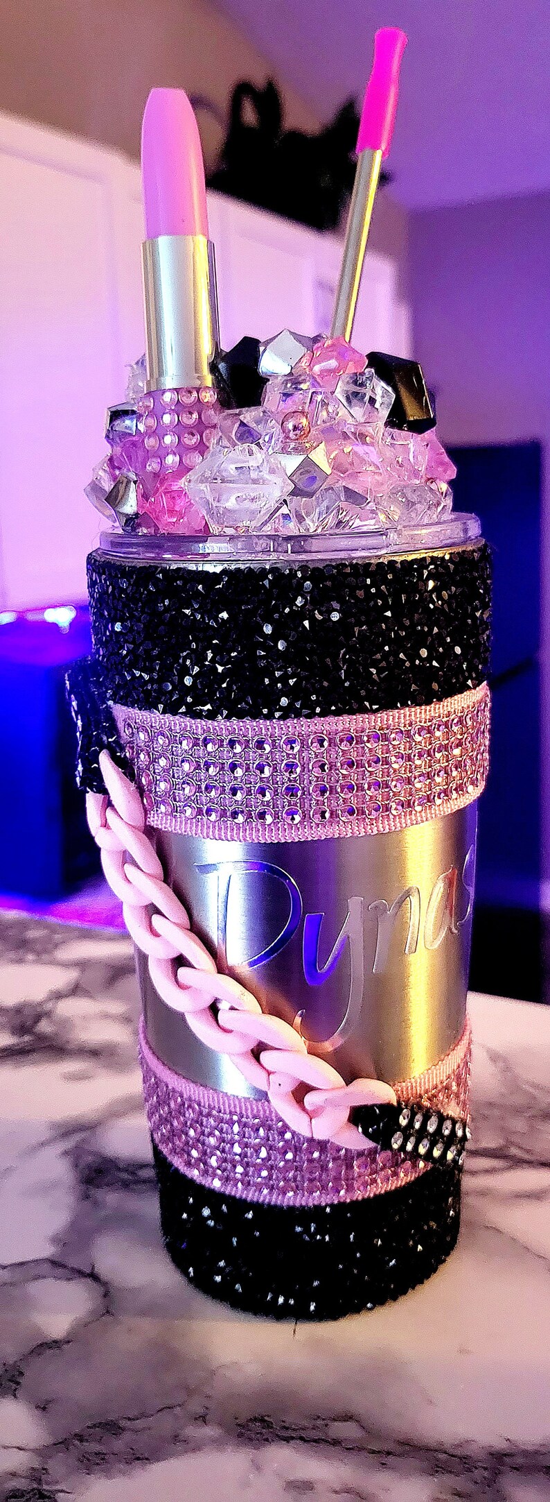 Pink Party 3D Lipstick Tumbler With Chain & Colorchanging LED Light. Perfect Ladies Night