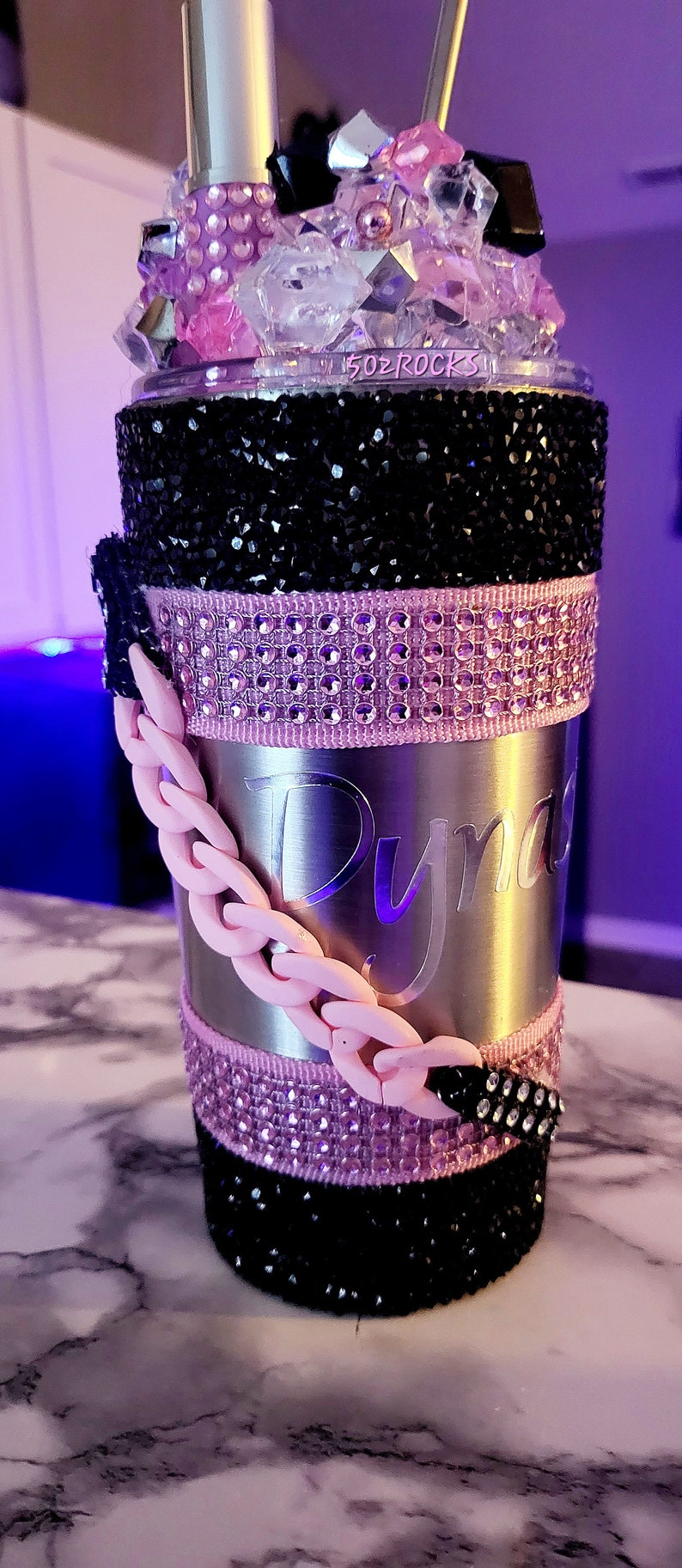 Pink Party 3D Lipstick Tumbler With Chain & Colorchanging LED Light. Perfect Ladies Night