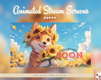 Pantallas animadas de Twitch de un lindo cachorro/Inicio de transmisión, listo, fin (descarga digital)