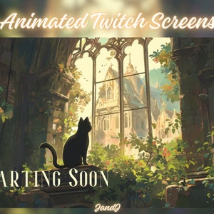 May include: A black cat sits on a ledge in front of a large window with a view of a church and a lush green garden. The text "STARTING SOON" is written in white letters on a dark background.
