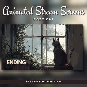 Geanimeerde Twitch Stream-schermen: Cosy Cat Vtuber-overlay (digitale download)