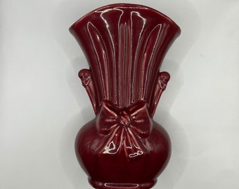 Vintage Shawnee ceramic burgundy vase with bow tie