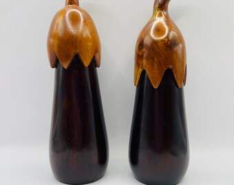 hand carved wooden eggplant salt and pepper shakers