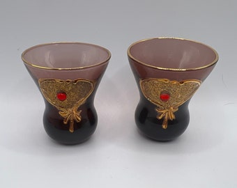 Vintage Italian hand blown amethyst shot glasses with gold