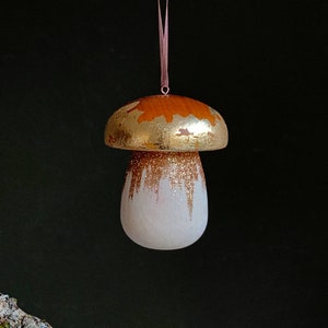 Handmade Mushroom Christmas Tree Ornament - Wooden Porcini mushroom gilded gold & glitter