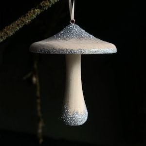 Handmade Mushroom Christmas Tree Ornament - Wooden parasol mushroom with silver glitter, Unique Christmas gift & decoration