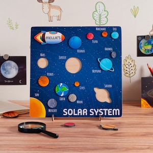 Puzzle in legno del Sistema Solare: giocattolo educativo di astronomia per bambini con pianeti e pianeti nani.