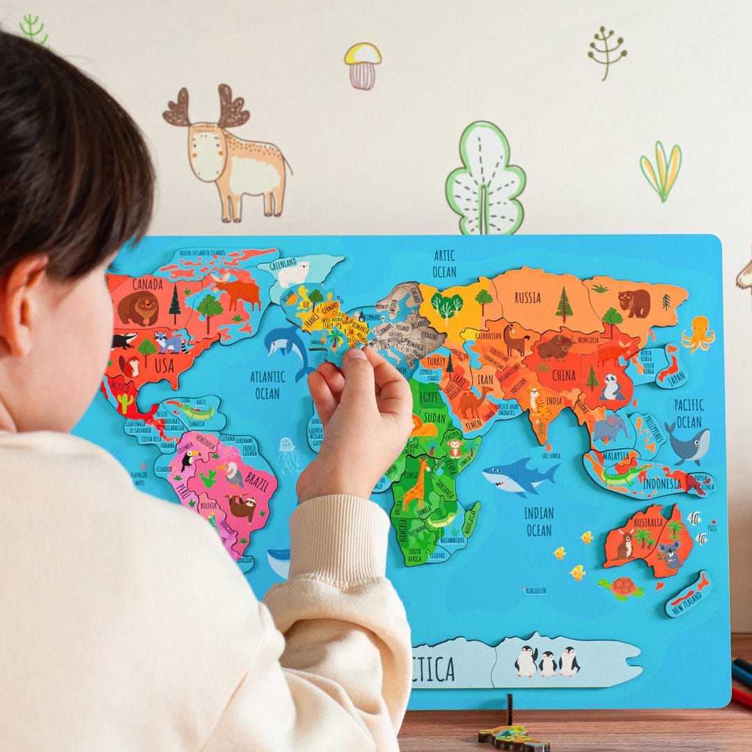 Wooden World Map Puzzle: Educational Geography Toy for Kids ...