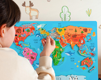 Wooden World Map Puzzle: Educational Geography Toy for Kids, Interactive Learning Tool